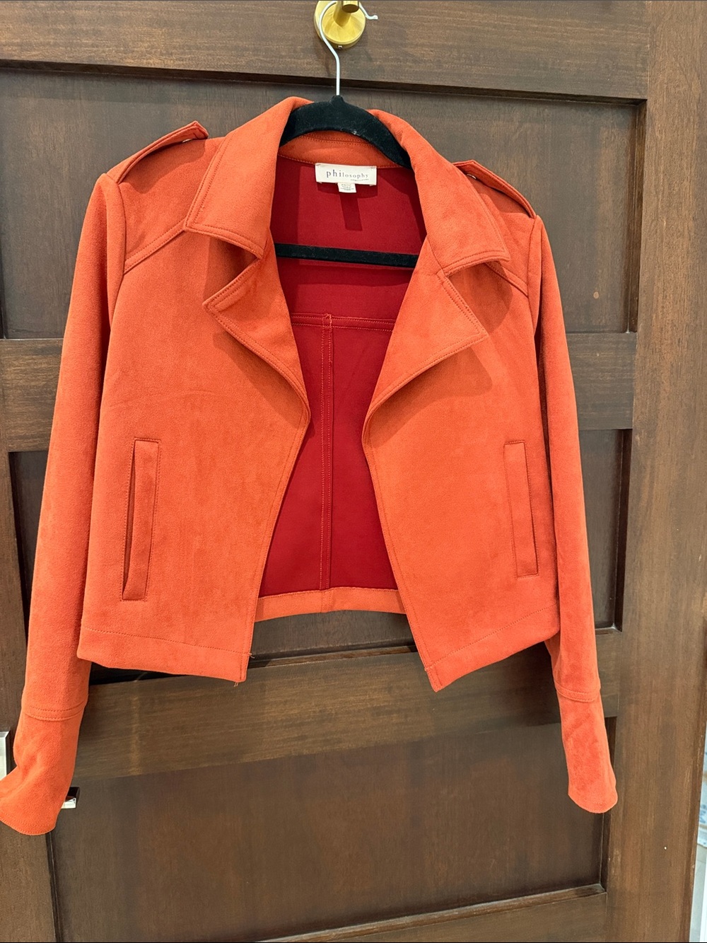 Philosophy Cropped Vegan Suede Moto Jacket - Orange Red